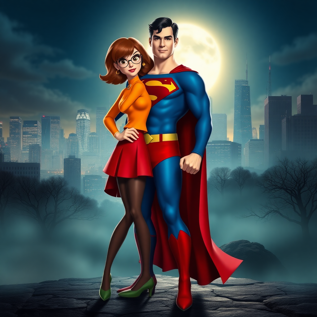 Create a full-length rendered image of a hybrid character combining Velma Dinkley’s features and Superman’s body type. The character wears Velma's classic orange turtleneck and red skirt, complemented by Superman’s iconic cape and emblem. Set the background in a vibrant blend of the Mystery Inc. world and Metropolis, showcasing a bustling city skyline alongside a spooky, fog-laden landscape. The lighting is dynamic, highlighting the character's confident stance as they stand heroically, ready to solve mysteries or save the day. Capture a sense of adventure and whimsy in this unique crossover.