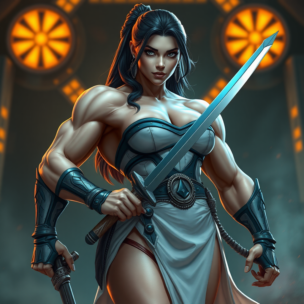 massive huge muscular jacked bodybuilder girl, strapless dress, futuristic warrior princess, sword up