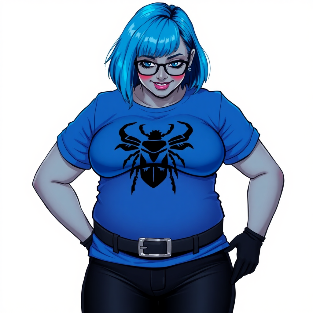 A 28-year-old, full-figured, metallic middle gray skinned computer program hybrid with a short maximum blue bob cut. She has a non-athletic build, highlighted by a prominent, round midsection (with a focus on her round belly). As a digital sidekick to her cyberpunk vigilante boyfriend, her middle gray metallic skin and maximum blue lipstick emphasize her digital nature. She wears a large, tight-fitting, maximum blue t-shirt (accentuating her belly) with a black chest icon of a beetle on its chest, black pants, a black belt with a sapphire scarab buckle, and black gloves. Her bright blue eyes, black eyeglasses, and shy smile with neon red blush accentuate her nerdiness. She bashfully bows her head (while still facing the screen) with her hands behind her back, her t-shirt covers her midsection (especially her belly) and emphasizing her full-figured, non-athletic physique. She is on a solid white background. She is drawn as if she was in a retro 2D cyberpunk fighting game. She is clearly non-athletic, with a focus on her full figure. Make sure her outfit covers all of her bare skin (especially her midsection).