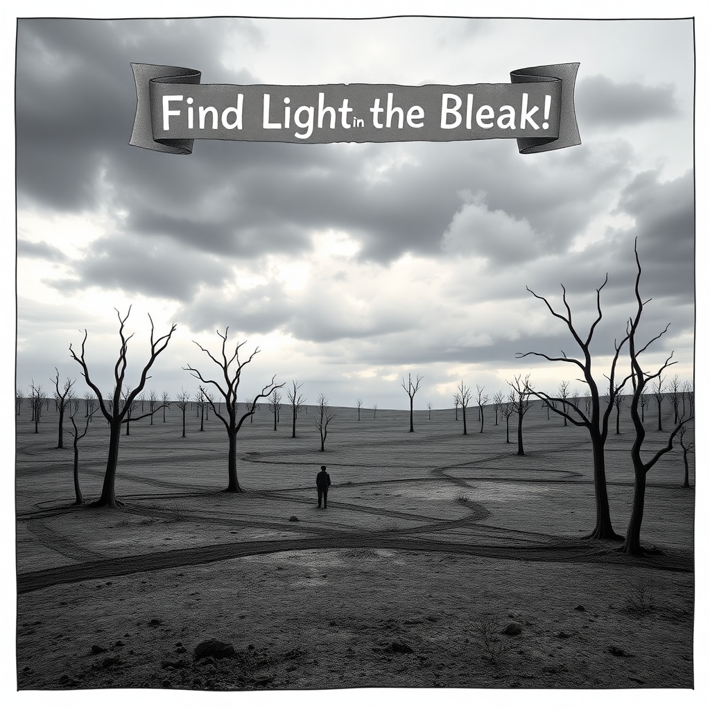 An imaginative scene depicting a barren, gray landscape with skeletal trees under a cloudy sky, where a small figure looks out over the emptiness, while a banner overhead reads, "Find Light in the Bleak!"