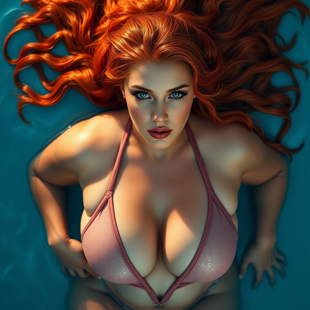 masterpiece, plump body, very beautiful 22 year old woman from Finland, hyper realistic, realistic face, detailed face, big breasts and hips, triangle bikini. wavy red hair floating on her back in the pool. Wonderful, magnificent, beautiful. Perfect hands, Perfect legs, high detailed face, detailed skin, perfect eyes, eyeliner, big eyelashes, modern style, sexy, spicy look, front view, glitter