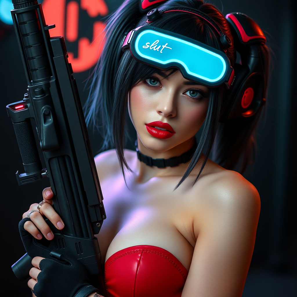 Real detailed full body photo of Sexy cyberpunk waifu, real life, “slut” written in lipstick on her cheek, she is holding a huge gun