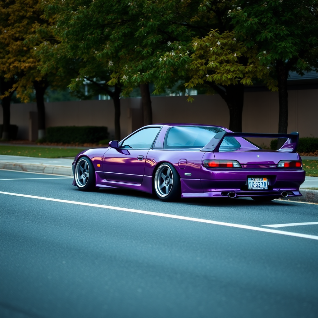 camelonn purple nissan silvia s14 the car is parked on the side of the road, inspired by Taiyō Matsumoto, tumblr, restomod, nd4, c4 cold colors