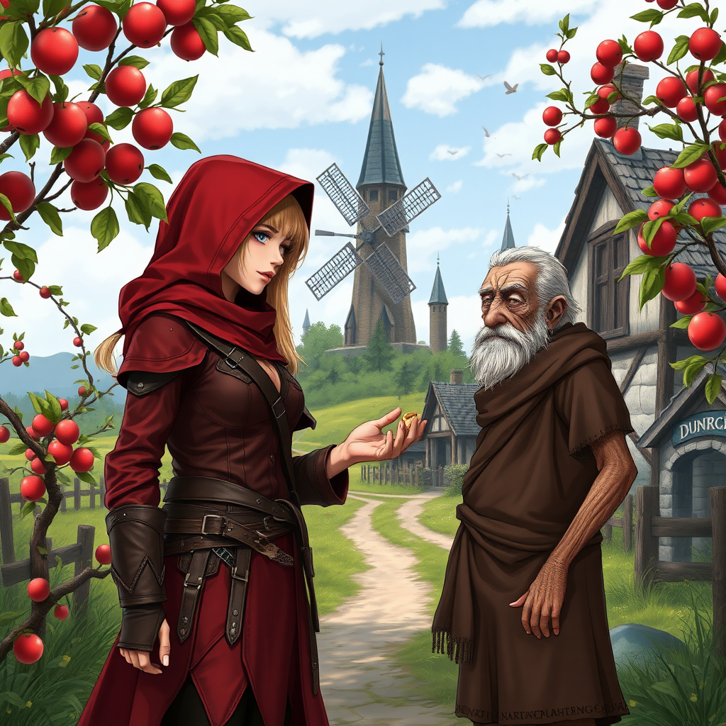 A wide distance shot of a pretty female adventurer in subtle red leather clothing with a hood, standing next to a thin, short, frail clean-shaven old farmer wearing rags and who looks ill. She is holding a gold ring towards him but he waves it away. Apple trees surround a pastoral fantasy house near a road to "Dunright". A fantasy village and mage tower with windmill in the distance. photorealistic cute anime style.