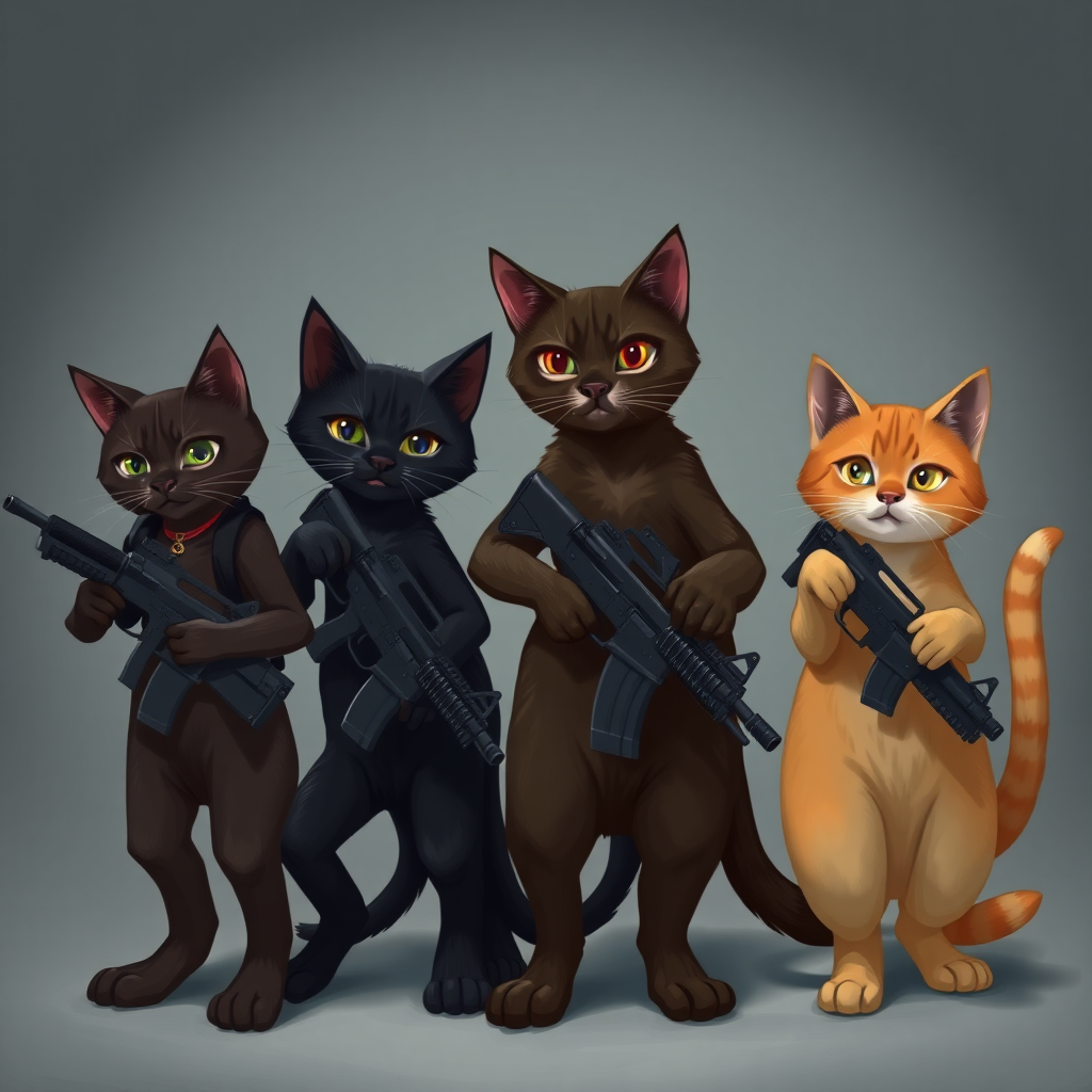 1 dark brown cat, 1 black cat, 1 brown cat, and 1 orange cat who are in an armed gang.