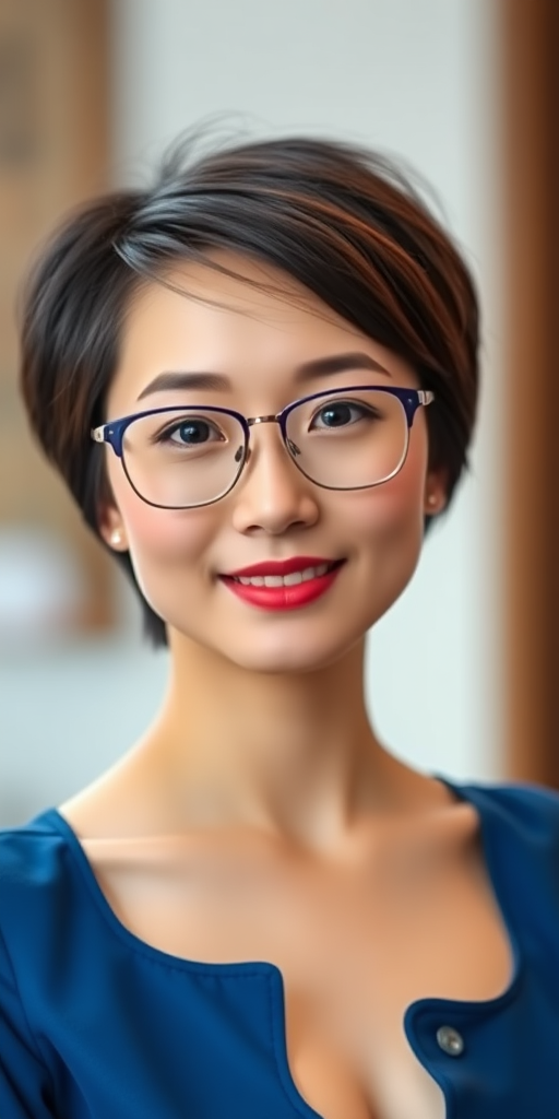 A beautiful Chinese woman, 30 years old, short hair, wearing glasses, with a full figure and small breasts, in a blue outfit.