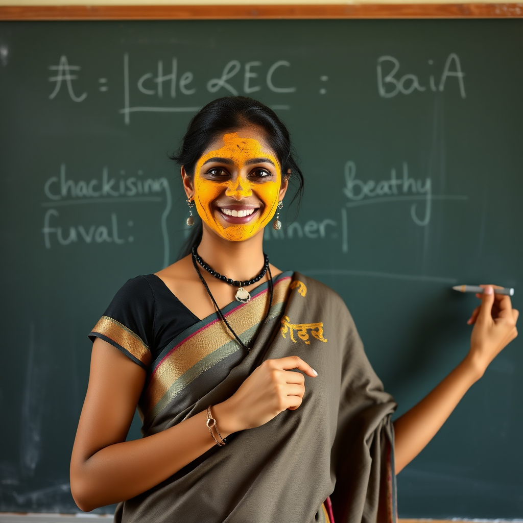 slim, 30 year old, sexy, indian female school teacher, saree, turmeric face mask. She is smiling and teaching on a blackboard