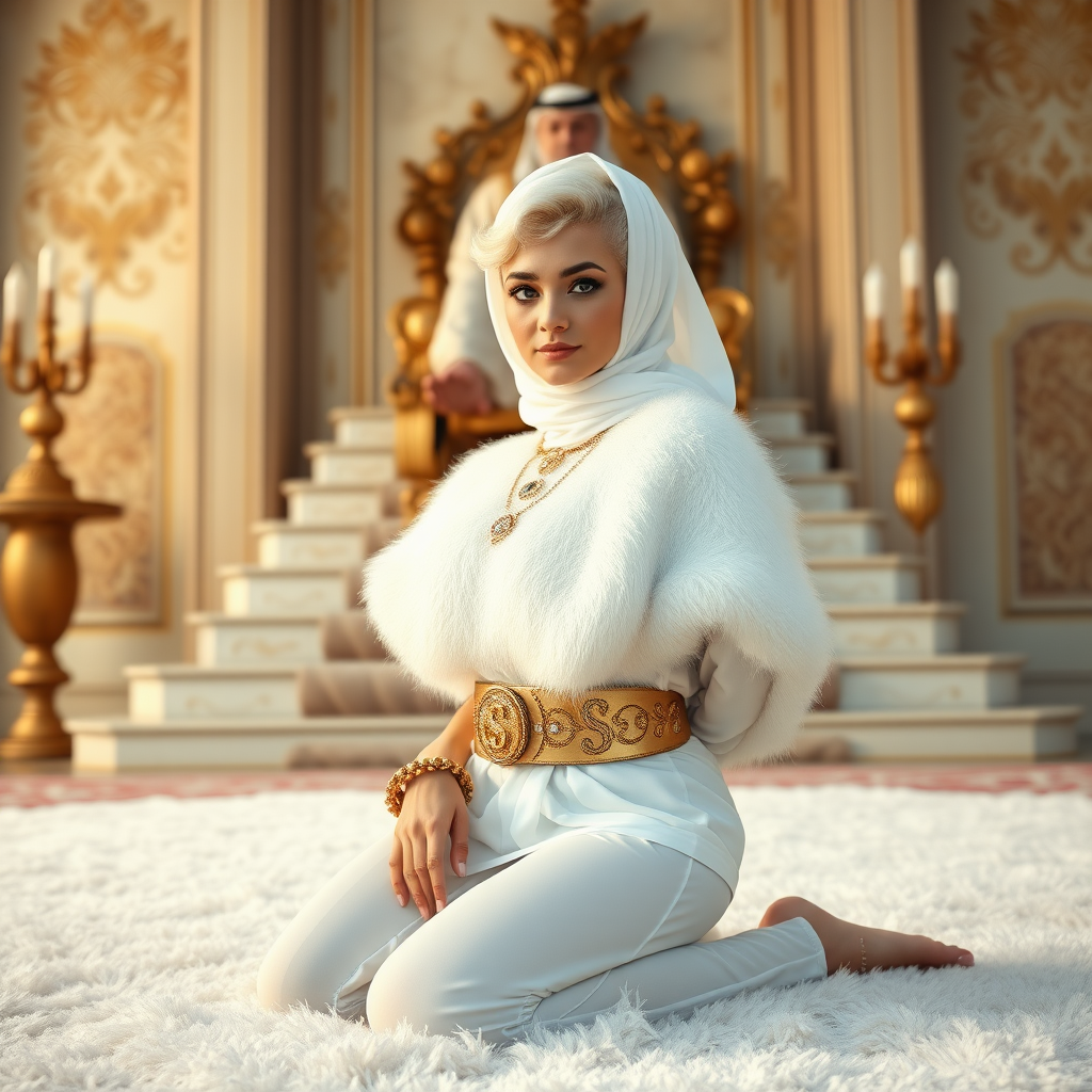 Kuwait desert palace throne room, throne raised on stair head, old overweight mighty sheik sitting on throne. In front of stairs, kneeling on white fluffy carpet: Melissa, European 17 years old very convincing femboy “trophy-bimbo”, tamed servile docile, rather short, by hormones very curvaceous womanly figured, platinum blond short tight curls, heavily made-up eyes, wearing Supertanya-style fluffy very fuzzy bright white angora turtleneck-poncho cropped ending under bust decorated with pearls and gemstones, striking oriental wide gold bridal protection belt, white fully transparent harem pants, full Oriental bridal jewelry, face covered by white sheer full Burka, coin anklets, striking diamond “$$$” letter brooch on left chest, pout frustrated, hands tied behind back, looking at camera. Focus on face and turtleneck-poncho, side perspective.