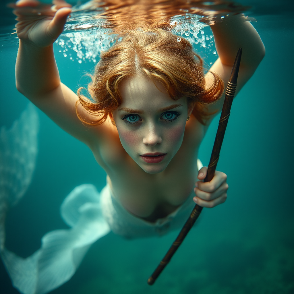 Hermione Granger as a mermaid. She's floating underwater with arms up. She's looking intensely at the viewer of the photo. The eye contact is palpable and mystical. Her short hair floats like a beautiful nimbus around her head and her shiny scaled tail is curled beside her. Gossamer Diaphanous. In one hand she bears the Master Wand. HD DSLR Photo