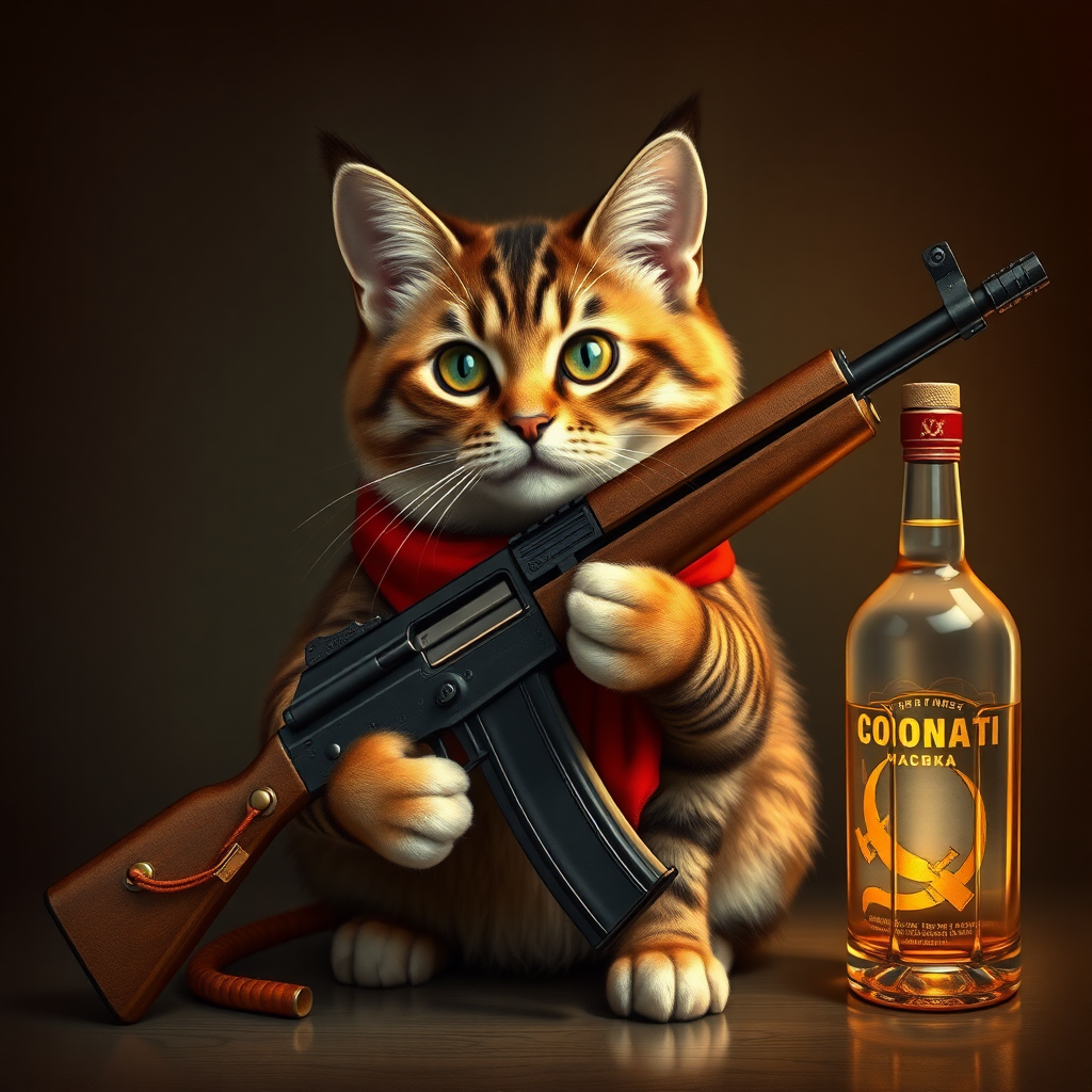 Soviet communist cat with an AK-47 and vodka