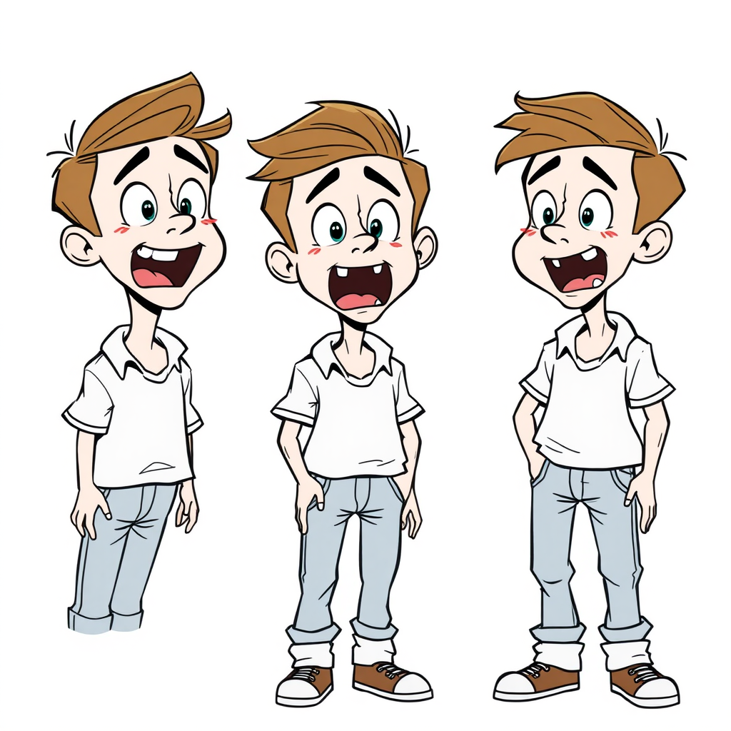 multiple views with progression, character design sheet, short, excited, smiling, amazed, open mouth, sweating, 15 year old european boy, drooling, detailed features, long establishing shot, 2D, caricature, cartoon, Sketch lines, coloring book, coloring book style on white background, well composed, clean coloring book page, No dither, no gradient, strong outline, No fill, No solids, vector illustration, side view, vector illustration, empty space around each view, movement lines