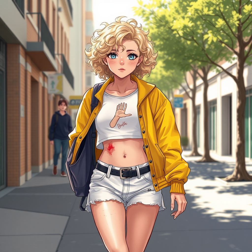 Realistic drawing style image, Extremely good quality 8k resolution drawn manga image of a 15 year old petite and short tomboy girl with golden blonde curly hair with mixed and different colored eyes for each eye and moles on her entire body and is a white American girl, Has on a Gold Jacket over a white extremely short crop top only covering her breasts and nothing more with a design on it, and has on ripped shorts and cool looking sneakers and a deep and big knife cut wound on her stomach from a huge injury she had, with a bright color backpack, ear piercings on, walking on the street to school in the morning with the beautiful sunlight lighting up her body beautifully with no tattoos.