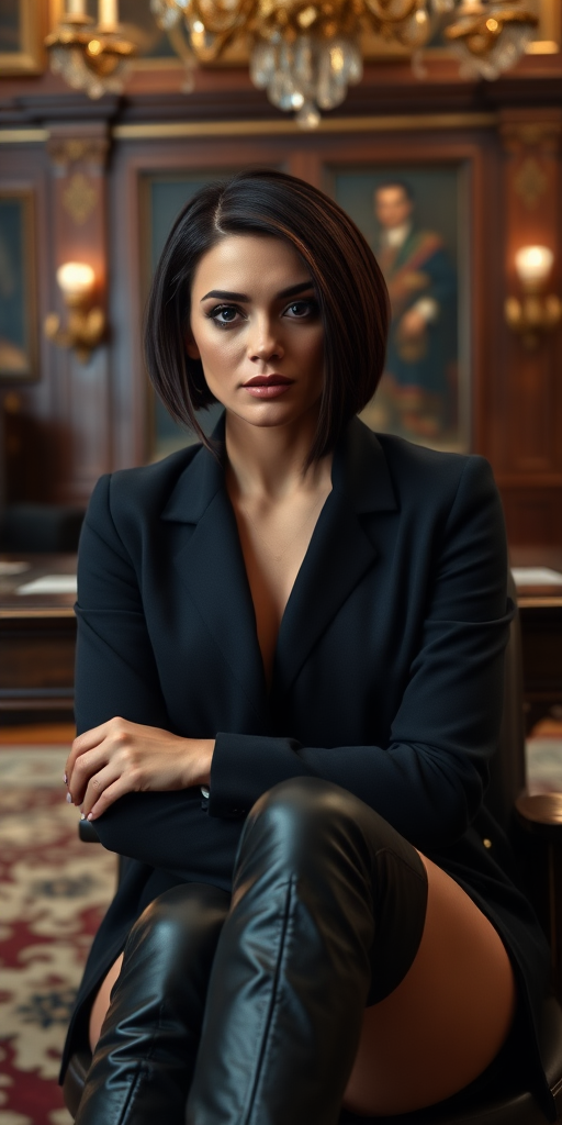 In an opulent office, a powerful woman is seated in front of an ebony desk.

Her face is beautiful, with prominent cheekbones. Dark eyes. Dark brown hair is styled in a sleek chin-length bob.

She wears black thigh-high boots.