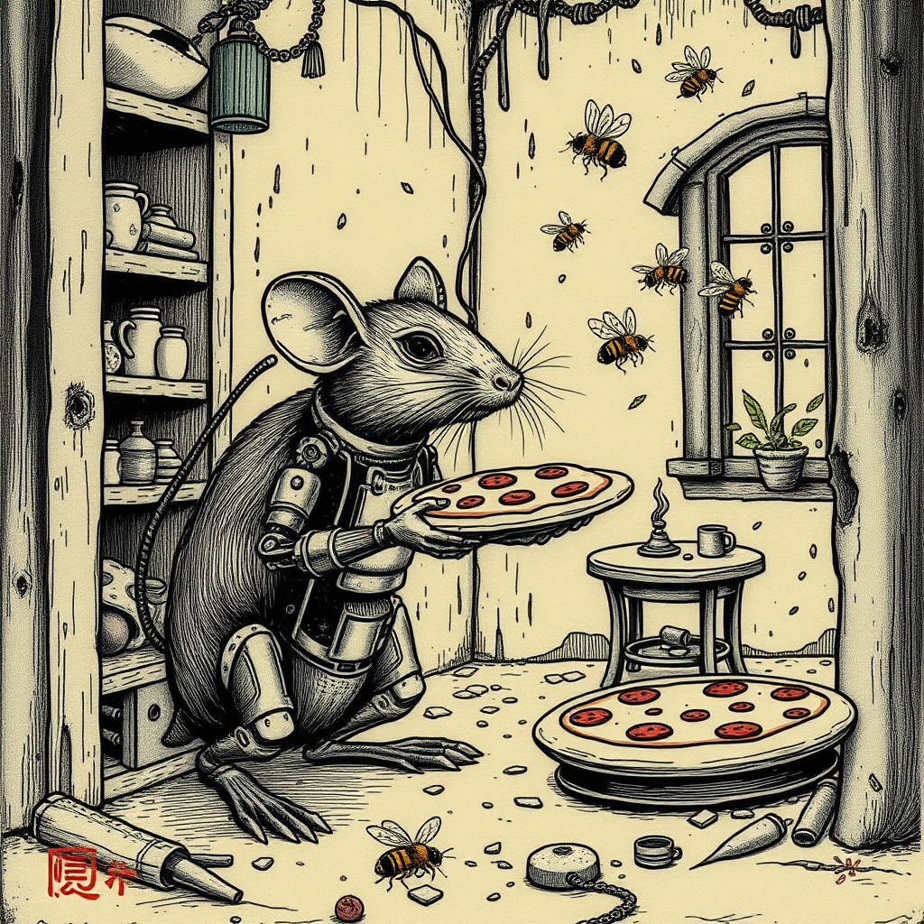 A cyborg rat delivering pizza to bees in a decayed apartment, Chinese woodcut