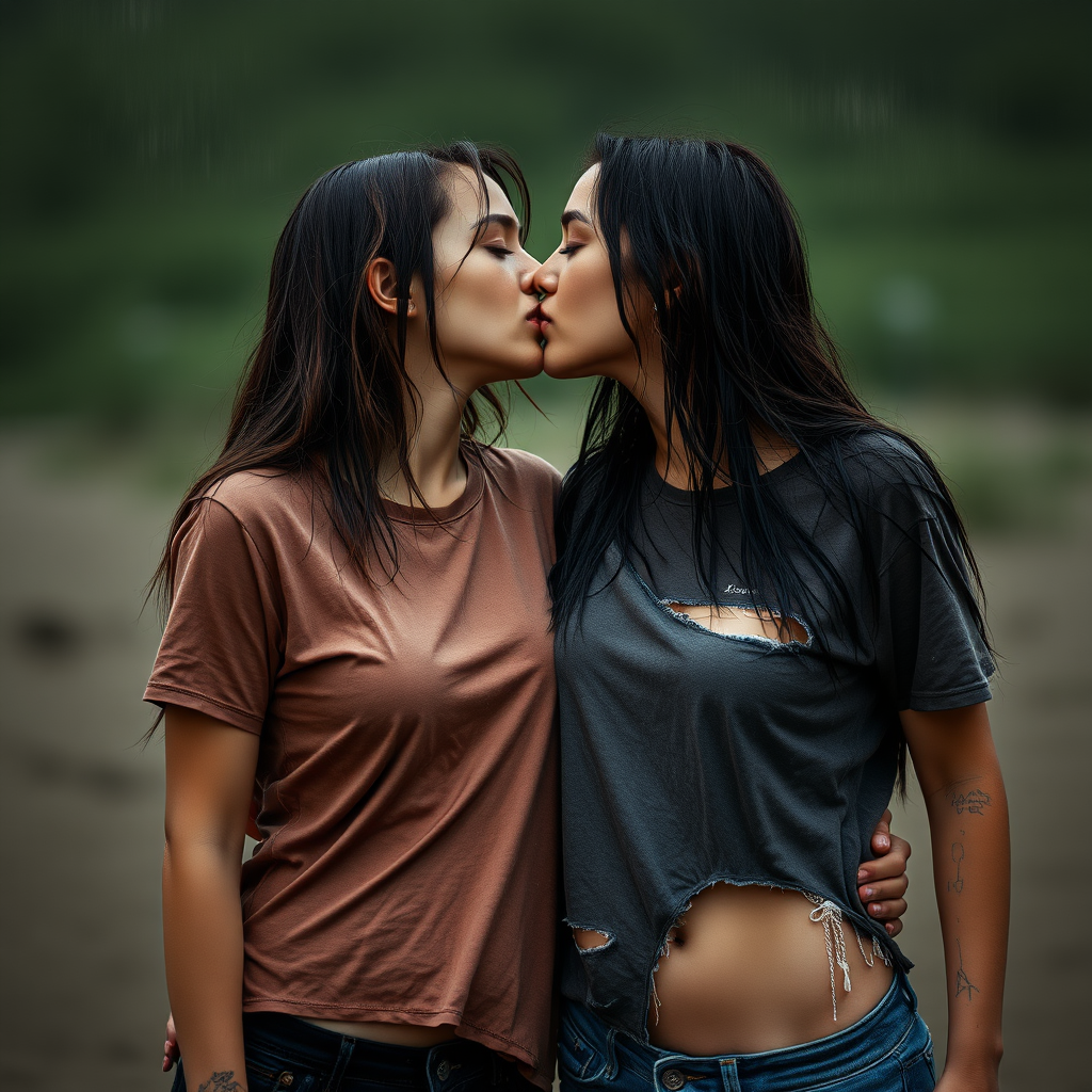 two women in ripped and torn wet t-shirts kissing