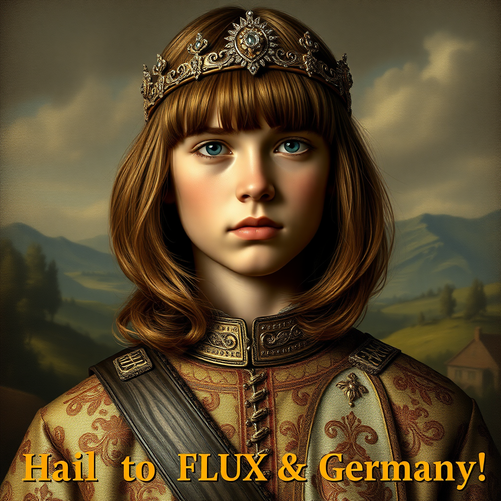 16yo teen boy prince, long bob cut, embroidered with gold and diamonds medieval cloths, diamond diadem, and Beautiful War. Free style  by FLUX photorealistic. The background is in the style of landscape style by Antonio del Polaiolo, Generating the caption at the bottom in small letters, letter size - 3mm: Hail to FLUX & Germany!, ultra high resolution, 16K,