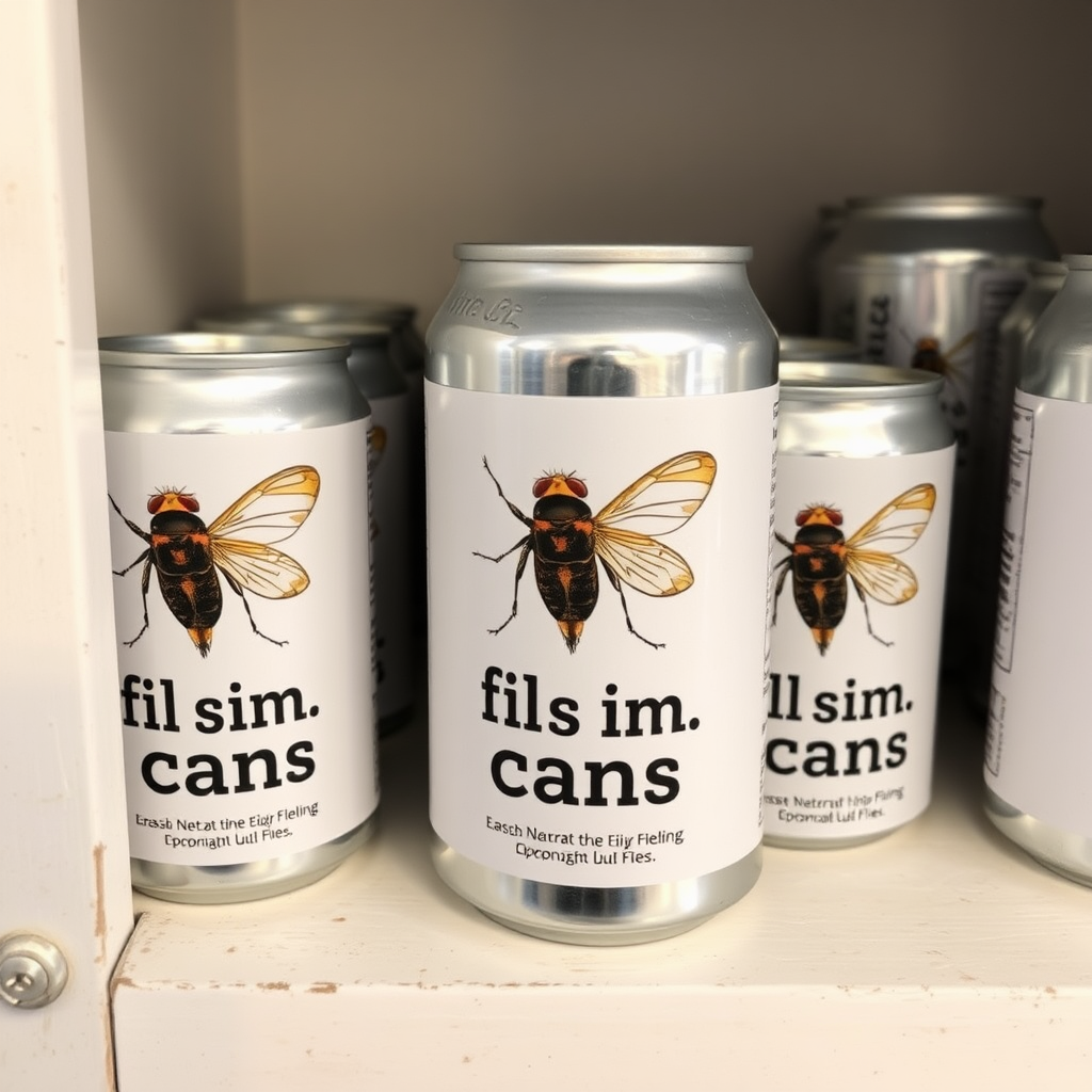 a small shelf with cans that have an image of a house fly on the label and text saying "flies in cans"