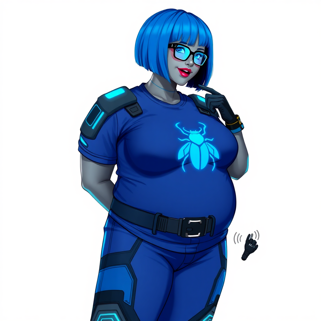 A 28-year-old, full-figured, metallic middle gray skinned computer program hybrid with a vibrant maximum blue bob cut. She has a non-athletic build, highlighted by a prominent, round, large midsection (fully emphasizing her round large belly) while being covered by her large t-shirt, reflecting her new junk food eating habits influenced by her boyfriend. As the full-figured, nerdy, digital sidekick to her cyberpunk vigilante boyfriend, her middle gray metallic skin and maximum blue lipstick underscore her digital essence. She dons a digital, computerized outfit: a large, tight-fitting, high-tech, maximum blue t-shirt with neon blue glowing beetle themed accents complete by a giant neon blue glowing beetle icon on the chest, hi-tech shoulder pads with neon blue accents, a black hi-tech belt with a digital neon blue glowing buckle, digital maximum blue pants with neon blue accents, and black hi-tech gloves with neon blue glowing accents. Her neon blue glowing eyes, black eyeglasses with neon blue glowing lenses equipped with a built-in HUD, and shy smile with neon red blush highlight her nerdiness. She stands bashfully with one hand behind her back and the other gently touching her cheek, her outfit covering all her bare skin and fully emphasizing her full-figured physique (especially her large belly). She is clearly non-athletic, with a heavy focus on her full-figured physique (with full emphasis on her large belly). Despite her build, she radiates beauty. Her slim face contrasts with her physique, accentuating her radiant beauty. She is set against a solid white background. She is drawn as if she were in a retro 2D cyberpunk fighting game.