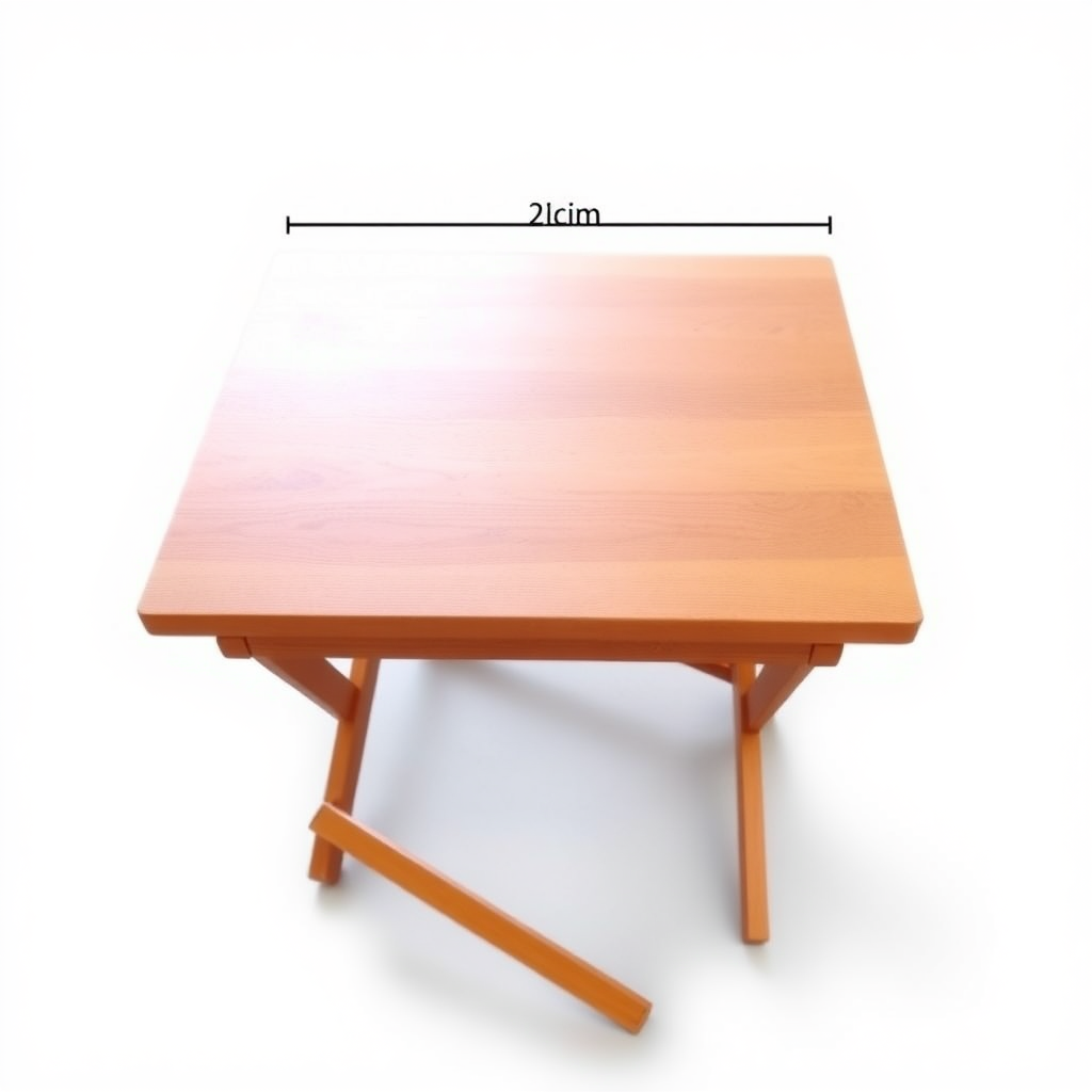 folding wooden table approximately 1 meter square top surface, with a 2 inch edging that is sitting on top around the perimeter.