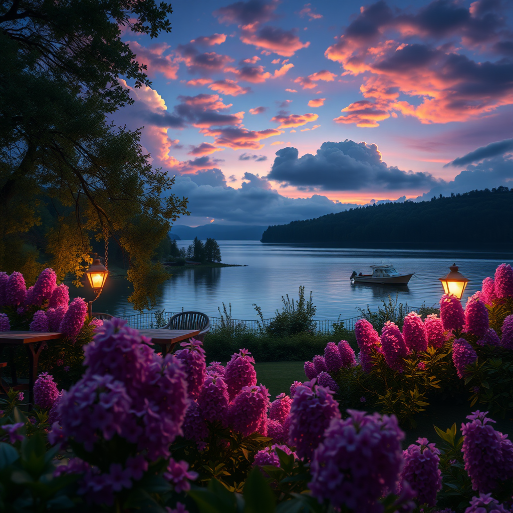 detailed background, (Calm spring night landscape), amongst lush greenery, beautiful view, creeping phlox in full bloom, creeping phlox, early morning, sunrise sky, beautiful clouds, dappled sunlight, outdoor seating, one lamp, Tranquil Lake, Boat on a Lake, depth of field, masterpiece, best quality, ultra-detailed, very aesthetic, illustration, perfect composition, intricate details, absurdres, moody lighting, wisps of light, no humans,