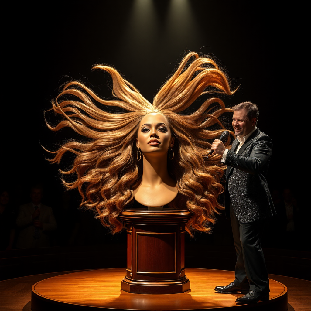 In a dimly lit theater, the atmosphere crackles with anticipation, the audience's murmurs a blend of curiosity and skepticism. On a grand, elegantly adorned display stand sits the disembodied head of the enchanting Beyoncé, her radiant skin glistening under the soft, warm glow of the spotlight. Her striking features are perfectly framed by cascading locks of lustrous, very long hair that shimmer with hues of light brown and hints of rich mahogany, reminiscent of polished silk.

Standing beside her is the magician, a charismatic figure in a sharp, tailored suit that glints with sequins in the light. With theatrical flair, he holds her voluminous hair aloft, fingers splayed wide, deftly spreading it out like a shimmering waterfall, mesmerising the audience. The hair flows like liquid night, each strand capturing the light as it falls gracefully to the ground, creating a stunning, almost surreal contrast against the stark wooden stage.

The magician’s face is lit with a confident smile, his eyes sparkling with the thrill of the performance, as he engages the audience with playful banter. Their gasps and laughter echo throughout the room, a symphony of wonder and disbelief. The scent of polished wood and fresh popcorn wafts through the air, mingling with the underlying electricity of the moment. Time seems to stand still as the audience leans in, captivated by the spectacle, a seamless blend of illusion and artistry that promises to defy reason and ignite imagination.