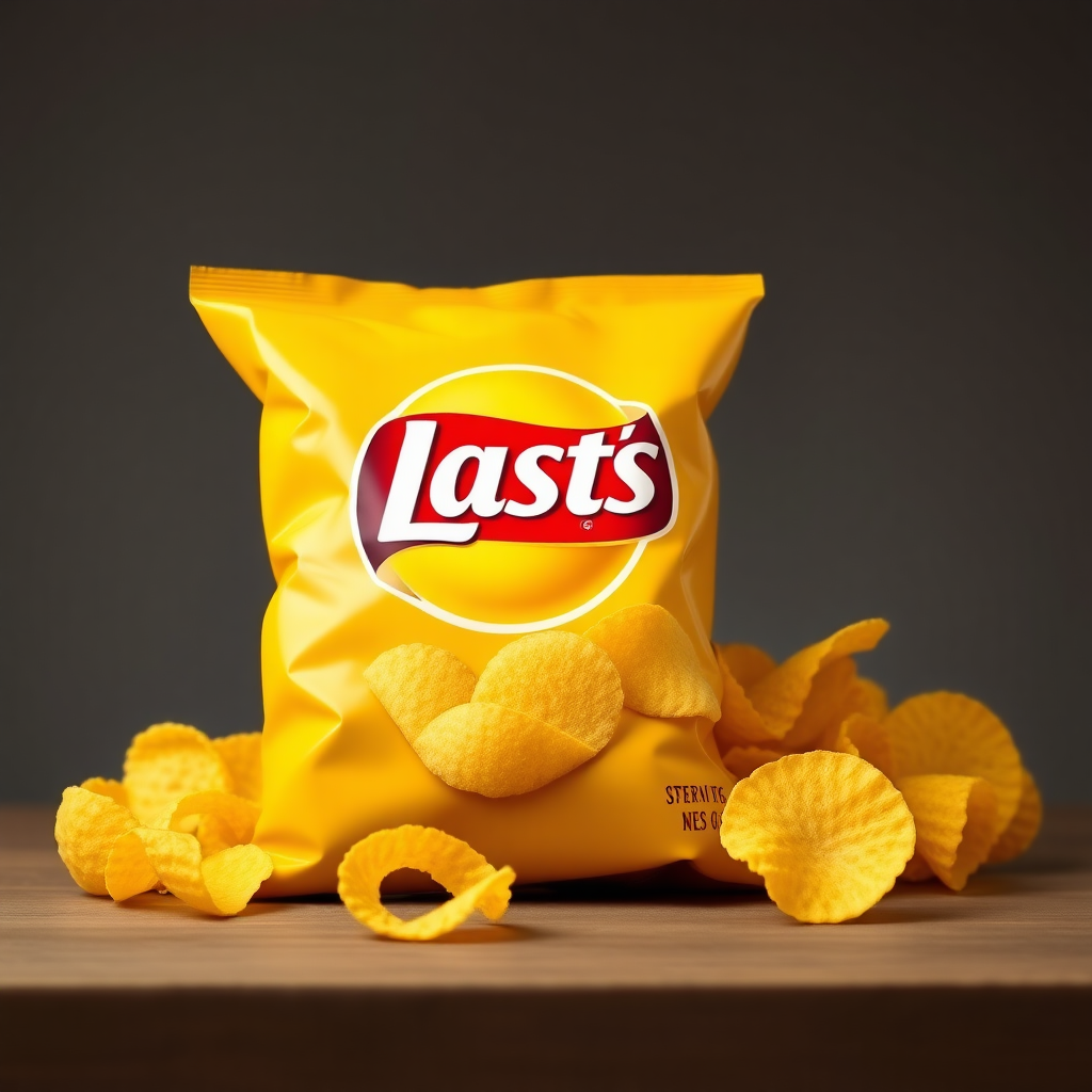 a solid masti lays packet with yellow color make the chips and enhance on the curly chips. make a lays chips packet