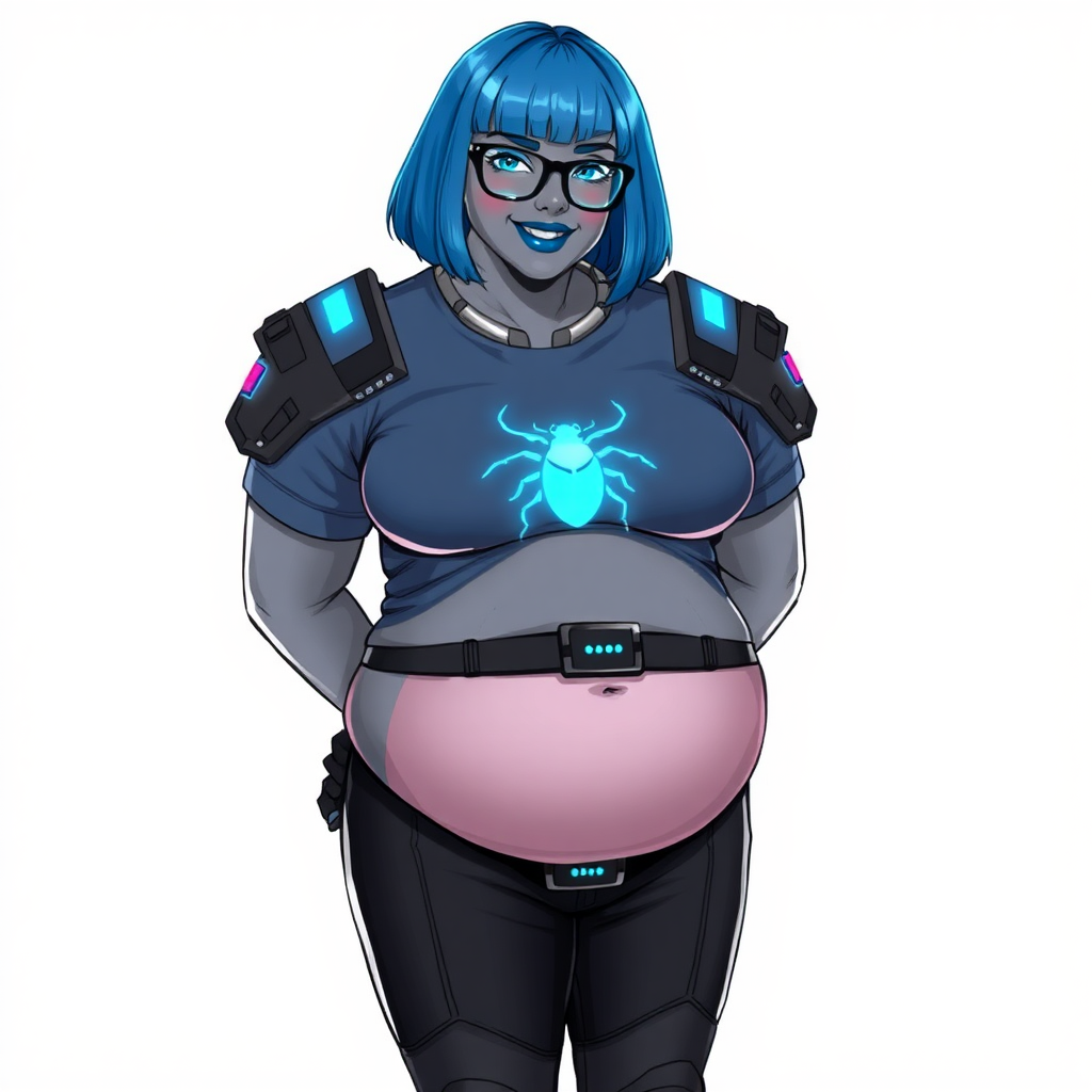 A 28-year-old, full-figured, middle gray skinned computer program hybrid with a maximum blue bob cut. She has a non-athletic build, highlighted by a prominent, round, large midsection (with heavy emphasis on her belly). As a digital sidekick, computer hacker, and nerdy girlfriend to her cyberpunk vigilante boyfriend, her middle gray metallic skin and maximum blue lipstick emphasize her digital nature. She wears a digital, computerized costume consisting of a gargantuan, tight-fitting, hi-tech, maximum blue t-shirt with a neon blue beetle glowing chest icon, hi-tech shoulder pads with neon blue accents, a black digital belt with a digital neon blue glowing buckle, black biker pants with neon blue glowing accents, and black hi-tech gloves with neon blue glowing accents. Her neon blue glowing eyes, black eyeglasses with a neon blue glowing HUD built in its lenses, and lovestruck smile with neon red blush accentuate her nerdiness. She stands bashfully with her hands behind her back, her costume covering all her skin and emphasizing her full-figured physique (especially her belly). She is clearly non-athletic, with a focus on her full-figured physique. Despite her build, she radiates beauty. She is on a solid white background. She is drawn as if she was in a retro 2D cyberpunk fighting game.