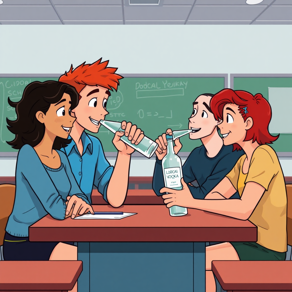 A black girl with wavy hair, a short curly redhead guy, a brown-haired guy, a non-binary person with red hair, all drinking a bottle of vodka together in a classroom at school during a class in an animated style.