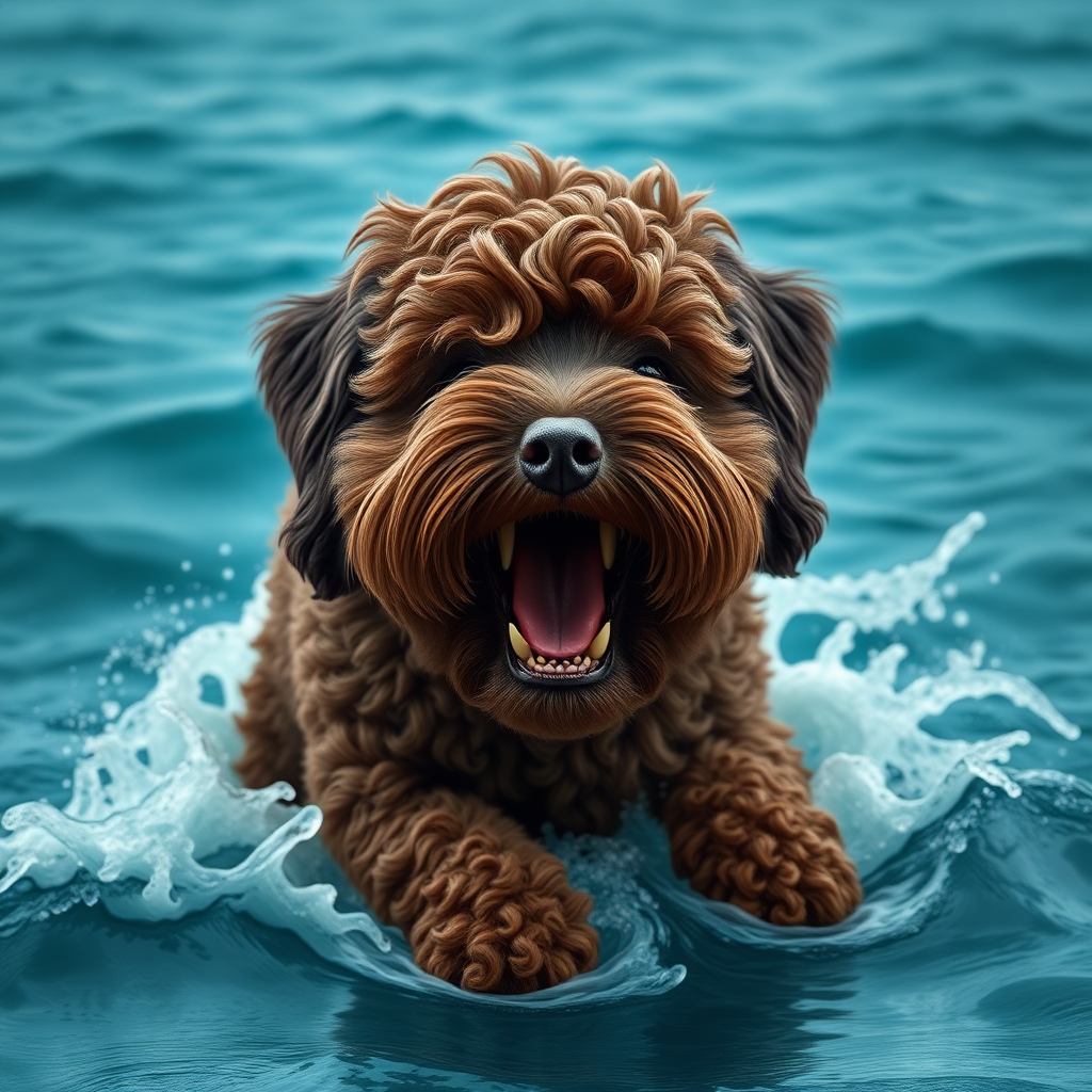 cute gigantic chocolate colored cockapoo ocean sea monster coming out of the ocean, ultra realistic, ultra detailed, 50mm photo, showing his teeth