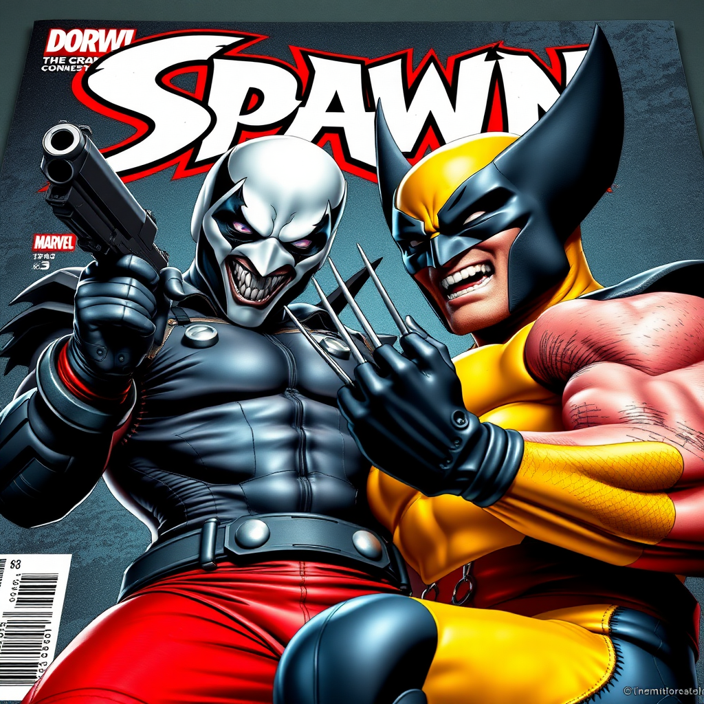 On a comic book cover is Spawn holding a gun Vs Wolverine in Cinematic Real3d photo-realistic quality.