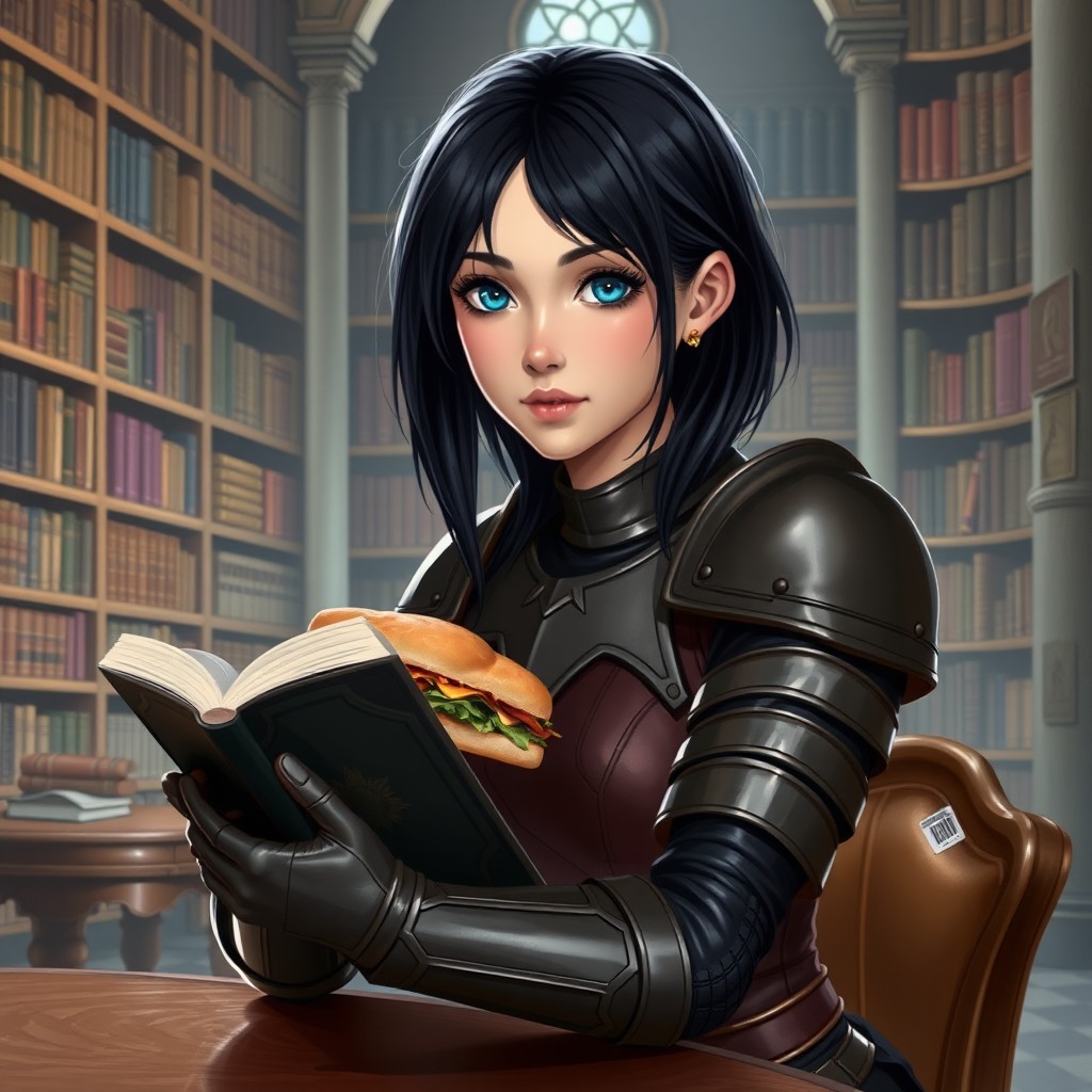 beautiful young woman, dark hair past her shoulders, blue eyes, small, slim figure, wearing full leather armor suit, sitting at table with sandwich, reading a book in a great library.