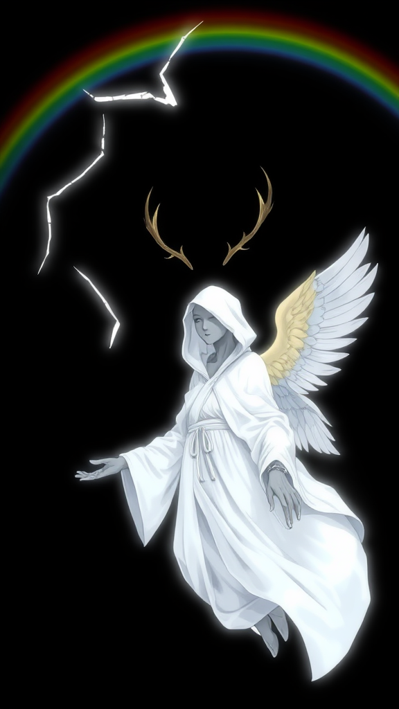 (Anime Style-art) Black background with rainbow-barrier broken, a completely faceless entity, grey-skinned, wearing a white hood, golden haired women covered in pure white light, 2 deer antlers, 2 angel wings, glowing-white robes, hands out, floating mid-air, looking at viewer, full body view