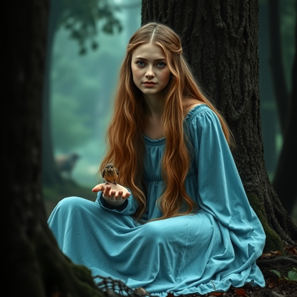 In a fantasy world. A young human druid about 18 years old sitting at the foot of a tree, she wears a long light blue dress, her hair is light brown and falls down her back. The young woman resembles Luna Lovegood, the character from Harry Potter. She holds a small bird in the palm of her hand. The background is a rather dark forest, photorealistic, high definition.