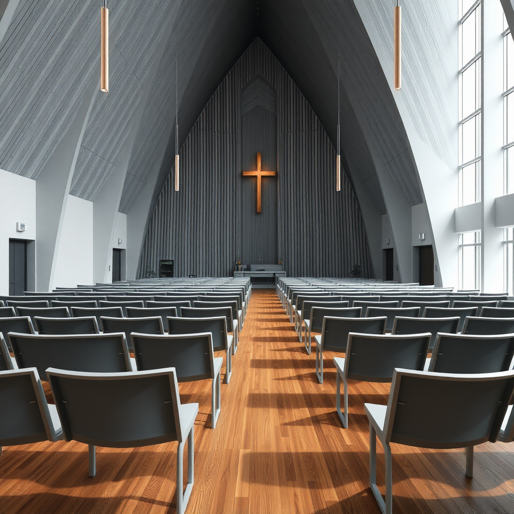 modern church with grey benches