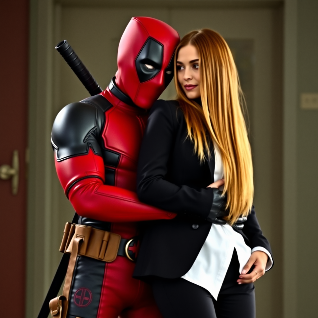 Deadpool wearing classic red and black Deadpool suit and a beautiful straight long haired female burglar in a black blazer over white shirt with black pants hugging each other as a loving couple in the action movie.