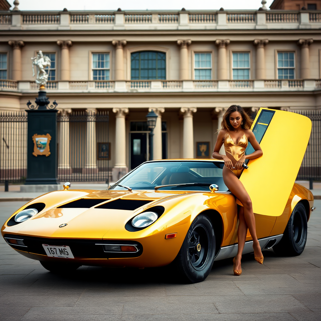 Lamborghini Miura in golden colour, parked in front of the British museum, with Beyonce in a one piece thong golden swimsuit leaning on the cars door on the right side.