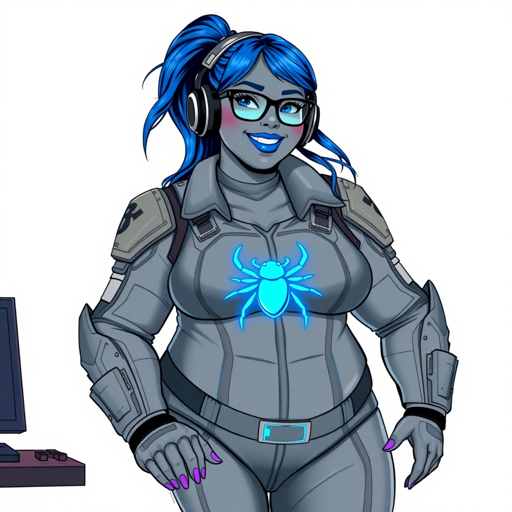 A nerdy, full-figured middle gray skinned 29-year-old computer program hybrid with a long, maximum blue ponytail. She wears maximum blue lipstick and has bright blue eyes. Her outfit includes a digital, computerized, middle gray biker suit featuring a neon blue glowing beetle chest icon. She sports a sapphire headset and black eyeglasses, with a beaming smile and neon red blush. Her full figure reflects the doting care of her vigilante boyfriend. As his tech expert, she works diligently at her lab table in their hideout. The background is solid white. She has a prominent, gargantuan, round midsection, titanic limbs, and broad shoulders. Her middle gray metallic skin highlights her digital nature. She is drawn as if she was in a retro 2D cyberpunk fighting game.