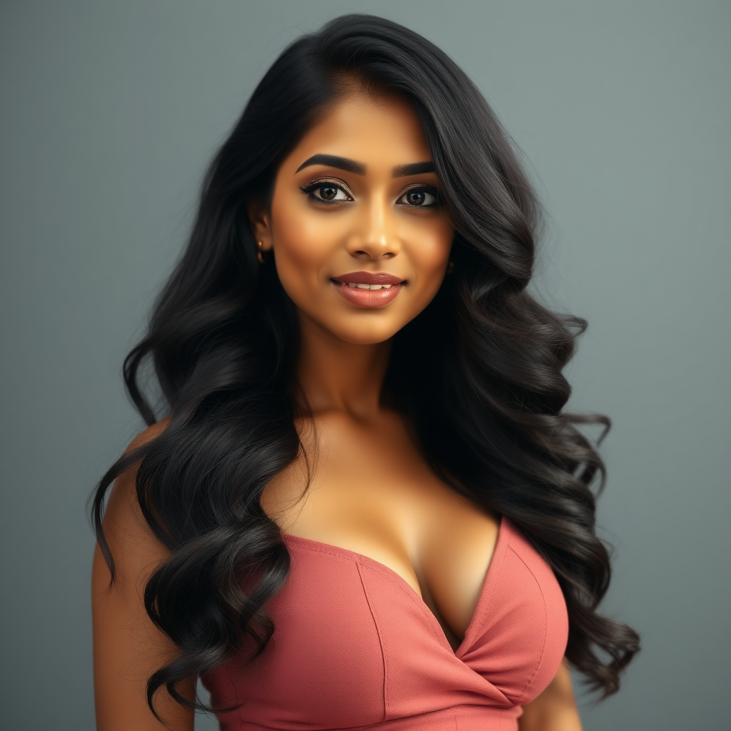 Gorgeous woman of Sinhalese ethnicity in her mid 20s with very long voluminized layered hair and huge breasts in a dress.