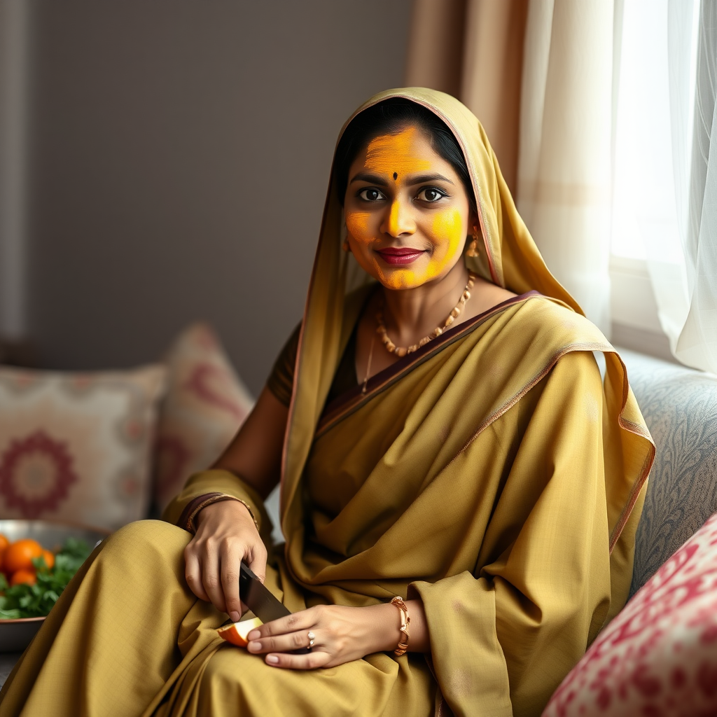 slim, 30 year old, traditional indian wife with saree and hijab, turmeric paste on her face. she is sitting on a sofa and cutting vegetables