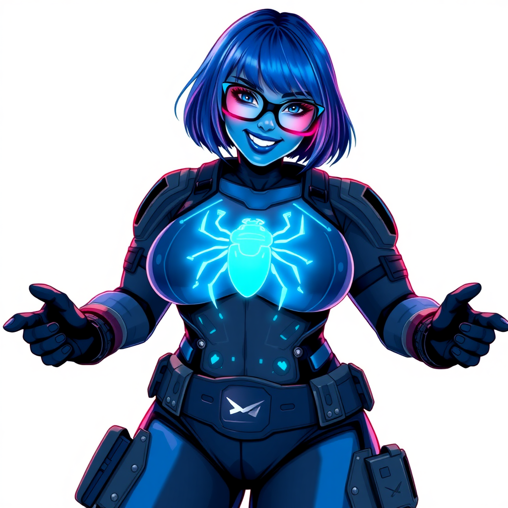 A 29-year-old computer science major, now transformed into a full-figured, maximum blue skinned nerdy digital sidekick for a cyberpunk vigilante, with maximum blue skin. Her bob cut seamlessly blends with her skin, forming part of her data, and her neon blue eyes glow intensely. Her full figure is defined by a prominent round wrecking ball-sized midsection, sequoia-sized limbs, and broad shoulders. As a loyal and supportive sidekick, she plays a crucial role in their missions, using her digital skills to assist and protect.

She wears a digital, computerized biker suit that blend with her hair and skin (appearing to merge together as computer data), featuring a maximum blue color scheme and a neon blue glowing beetle chest icon, along with matching high-tech gloves. She bashfully giggles with a neon red blush, emitting neon blue data cubes from her body, set against a solid white background. Heavily pampered by her doting boyfriend, her full figure clearly shows this care. She has the ability to hack into computers and machines, and her nerdiness is blatantly obvious with her black oversized eyeglasses. Her full figure (especially her wrecking ball-sized midsection) is prominently displayed and heavily emphasized. Her outfit is influenced by DC’s Jennifer Knight Phantom Lady but remains distinct. She is drawn as if she was in a retro 2D cyberpunk fighting game. Ensure her skin tone is distinct from Inside Out's Sadness from any other character.