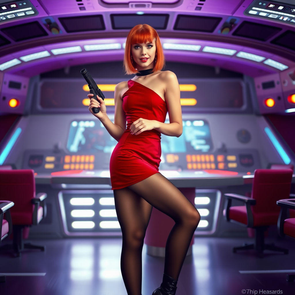 photorealistic, ultra high resolution, 16K, surreal fantasy, bright studio lighting, Tyler Swift is a pretty 24 year old male, slim male physique - no visible breast bulge, red hair, emo makeup, set on the bridge of Enterprise in Star Trek tv series, short red mini-dress, sheer black pantyhose, black stiletto calf-length boots, holding a phaser in his right hand, excited smile, facing the camera.