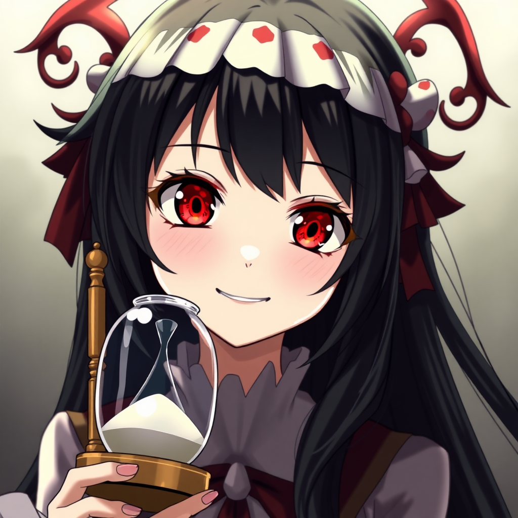 An anime girl with black hair and red eyes is wearing an hourglass. She has a smile like a villain.