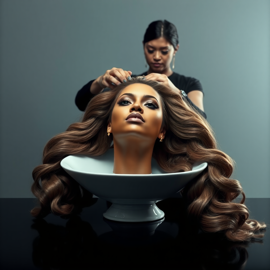 In a surreal and provocative scene, a beautifully tethered, disembodied head of Beyoncé rests gracefully on an elegant porcelain plate, her long, luxurious hair cascading like a waterfall of silky strands around the edges, creating a striking contrast against the stark, muted gray background. The sheen of her skin glows softly, exuding an air of ethereal beauty, while her chin rests directly on the plate, poised and serene. Behind her, a skilled hairdresser, clad in chic black attire, stands with a focused expression, gently teasing and arranging her magnificent hair with nimble fingers, creating intricate patterns that defy gravity. The atmosphere is oddly intimate yet surreal, blending an appreciation of beauty with an unsettling twist, as soft light casts subtle shadows, enhancing the textures of both hair and porcelain. The air is filled with a quiet stillness, broken only by the subtle sound of the hairdresser’s scissors snipping rhythmically and the faint fragrance of hair products mingling with the cool air, heightening the unusual but captivating atmosphere of the scene.