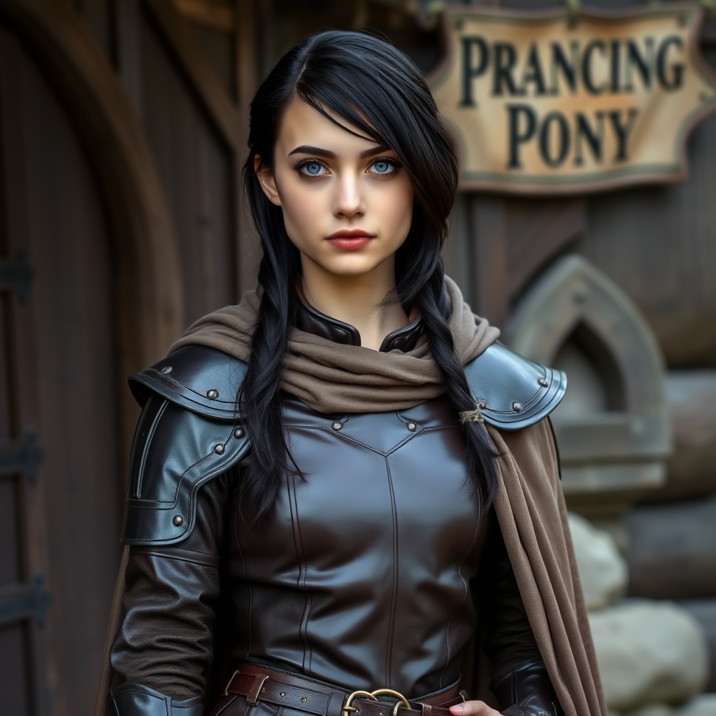 beautiful young woman, dark hair past her shoulders, blue eyes, small, slim figure, wearing full leather armor suit, long cloak, standing next to medieval wood building with a sign: "Prancing Pony".