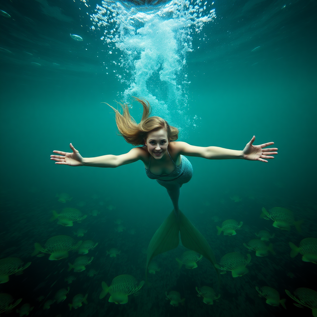 Sookie Stackhouse as a mermaid. She's diving down towards the viewer of the image, arms outstretched. The sea is deep and mysterious and filled with a myriad of ocean life plants, fish, and other aquatic life. In the photography style of Thomas P. Peschak