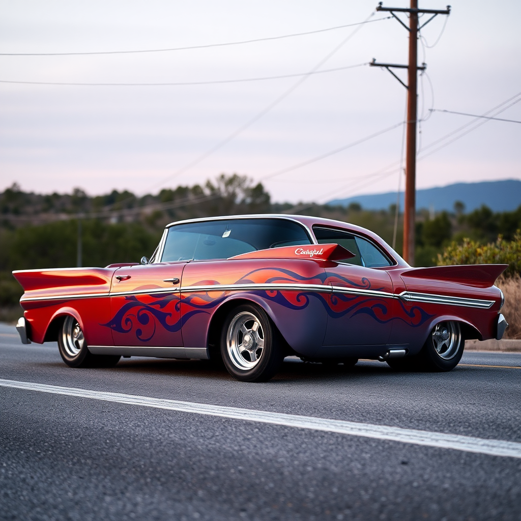 The drag car is parked on the side of the road, inspired by Taiyō Matsumoto, tumblr, restomod, nd4, c4 metallic shine classic american low rider custom paint ford