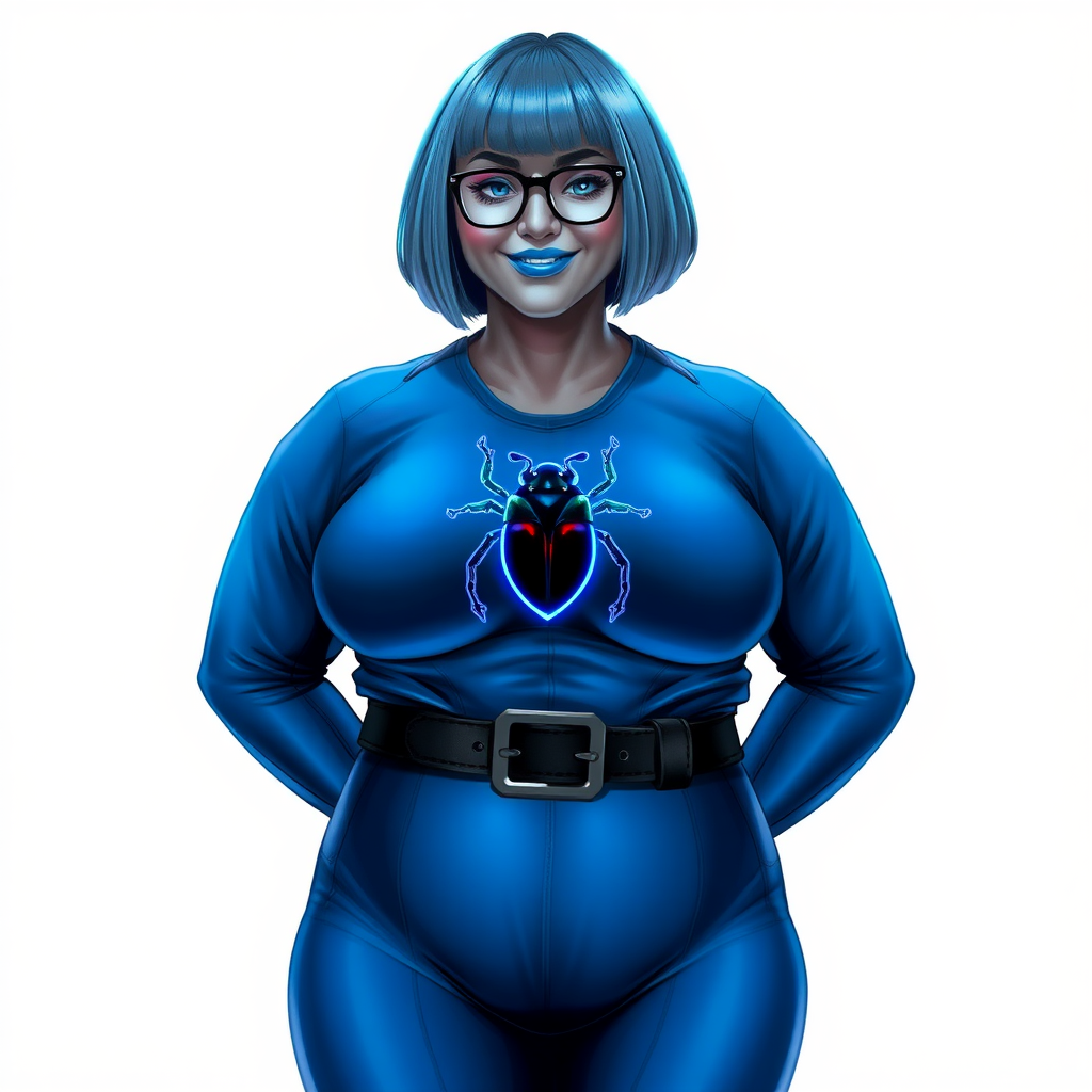 A 28-year-old, full-figured, middle gray metal skinned computer program-human hybrid with a maximum blue bob cut. She has an obvious non-athletic build. She is the digital sidekick, computer hacker, and nerdy girlfriend of her cyberpunk vigilante boyfriend. Her middle gray metallic skin, distinct from any other character, highlights her digital nature. She wears maximum blue lipstick and has bright blue eyes. Her outfit includes an oversized, loose fitting, digital, computerized, maximum blue full bodysuit (accentuating her non-athletic figure) with a neon blue glowing chest icon of a beetle on its chest, black belt with a sapphire scarab beetle buckle, and black gloves. Black eyeglasses accentuate her nerdiness, and she has a lovestruck smile with neon red blush. Her non-athletic full figure consists of a prominent, gargantuan, round midsection (with the full emphasis on her round gargantuan belly), gigantic limbs, and broad shoulders, reflects the doting care of her vigilante boyfriend. She has a bashful pose with her hands behind her back on a solid white background. She is drawn as if she was in a retro 2D cyberpunk fighting game. Ensure her oversized loose fitting full bodysuit covers all her bare skin (especially her prominent round gargantuan belly). Her oversized loose fitting full bodysuit is influenced by Watchmen's Silk Spectre II. She is clearly non-athletic, with emphasis on her full-figured and pudgy physique.