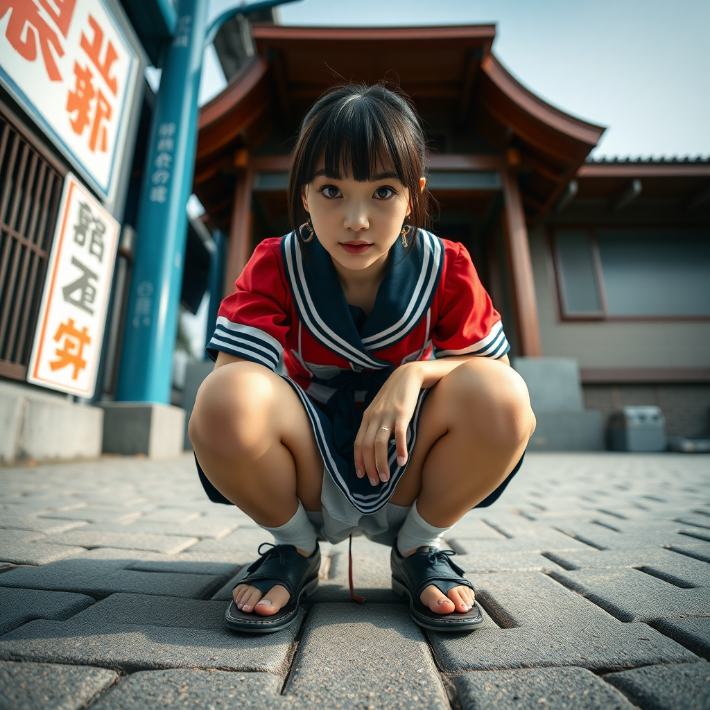 photo low angle POV full body view Japanese woman squatting wearing seifuku uniform looking down at viewer