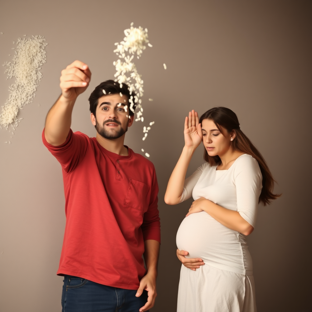 A young Caucasian man throwing rice at the wall, while his pregnant wife cowers in fear.