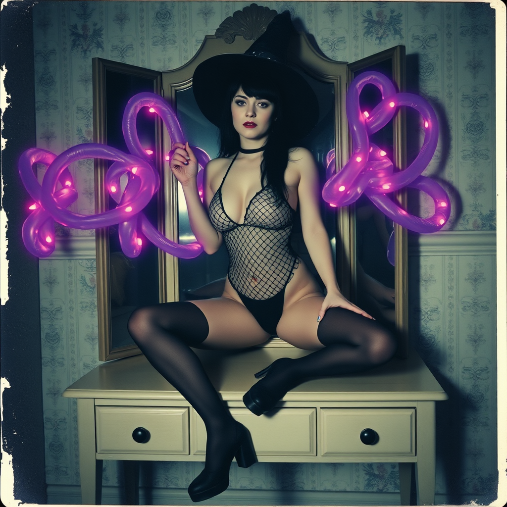 Scan of an nsfw old polaroid photograph with visible wear and heavy vignetting and blue color tint and light leaks, depicting a sexy pale curvy alt goth girl with black hair wearing skimpy fishnet black bodysuit and gstring revealing her nipples and wearing black stockings and high heels, sitting on a builtin vanity with mirror in old house with wallpaper on walls with her knees spread apart. Camera flash used. Dark lighting. Moody and hazy. Grunge look. Erotic. Nude. Pink Christmas Lights on wall. She is wearing a witch hat and is being restrained by giant glowing translucent purple tendrils coming from inside the mirror, wrapping around her arms and legs and torso. The tendrils are pulling her back towards the mirror.